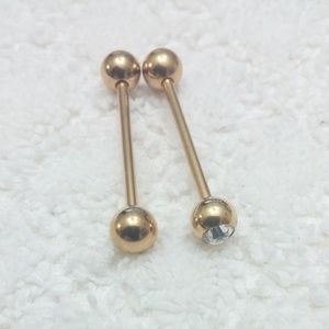 2 PCS Gold Tone crystal Barbell 316L Tongue Ring